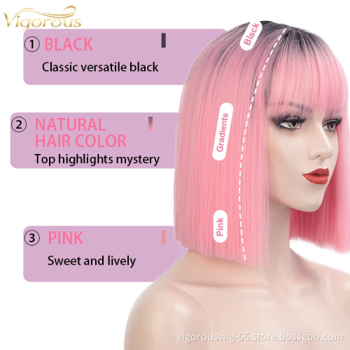 Vigorous Short Bob Wigs with Bangs Synthetic Straight Bob Wig with Dark Roots Ombre Pink Cosplay Wig For Women Party Wear